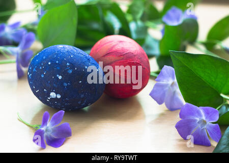 Easter background with Easter eggs on table Stock Photo