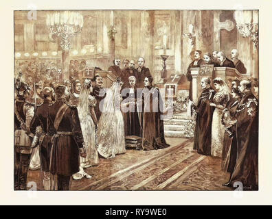 The Royal Marriage at Berlin, Germany: Wedding Ceremony in the Chapel of the Royal Palace, Prince Frederick Charles of Hesse and Princess Margaret of Prussia, 1893, 1893 Engraving Stock Photo