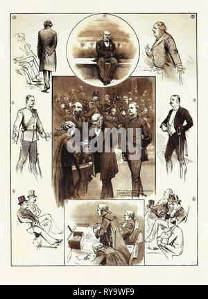 The Opening of Parliament: Incidents in the Commons: 1. Mr. Balfour Enters. 2. Alone in His Glory. (after the Interval Preceding the Discussion on the Address Mr. Gladstone Was for Several Minutes the Sole Member Present.) 3. Sir W. Harcourt (the Chiltern Hundreds). 4. Country: The Mover of the Address. 5. Town: The Seconder. 6. Extremes Meet. 7. Two Hours of Weary Ballot. 8. The Third-Floor Back. 9. The Premier Presents His Credentials. UK, 1893 Engraving Stock Photo