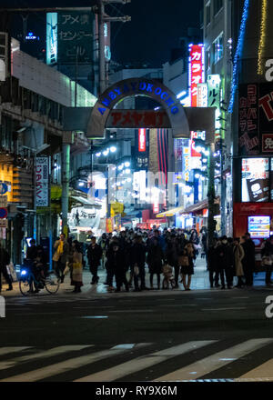 TOKYO, JAPAN - FEBRUARY 7, 2019: People in Ameyoko or Ameyayokocho market near Ueno station. A major shopping street in Tokyo. Japanese text advertise Stock Photo