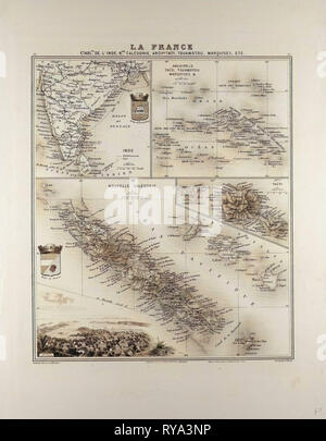 Map of India New Caledonia Tahiti Tuamotu Archipelago Marquesas Islands 1896 Stock Photo