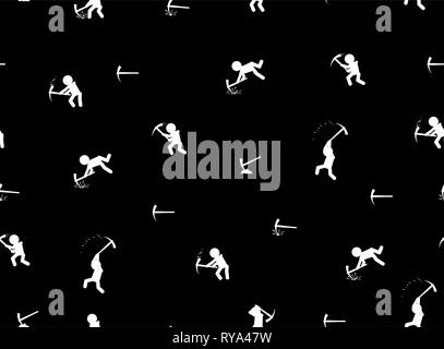 Mining working figures with pickaxes, seamless texture pattern, vector illustration black and white, horizontal background Stock Vector