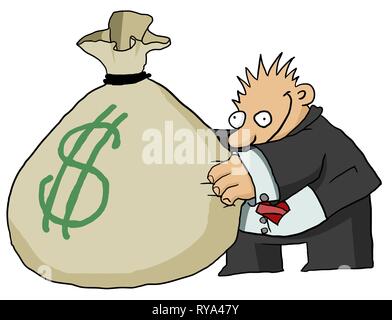 Money bag grabber cartoon color drawing, vector illustration, horizontal, over white Stock Vector