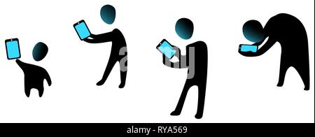 Phone user ages figure stencils set black, vector illustration, horizontal, over white, isolated Stock Vector