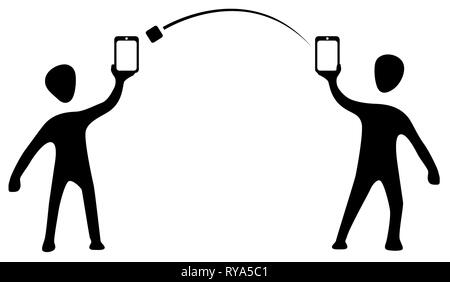 Phone data item transfer figures stencil black, vector illustration, horizontal, over white, isolated Stock Vector
