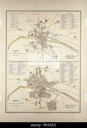 Map of Paris in the 12th Century and in the 14th Century France Stock Photo