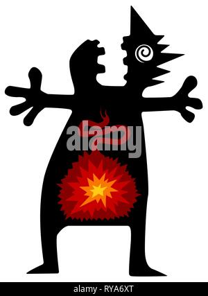 Stomach ache boom funny cartoon character black silhouette, vector illustration, vertical, isolated, over white Stock Vector