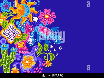 Mexican background with cute naive art items. Stock Vector