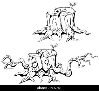 Tree stump monster line cartoon drawing black and white, vector illustration, horizontal, isolated Stock Vector