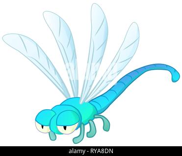 Dragonfly insect blue cartoon character color vector illustration, horizontal, over white, isolated Stock Vector