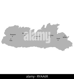High Quality map of Meghalaya is a state of India. With main cities location Stock Vector