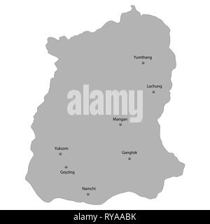 High Quality map of Sikkim is a state of India. With main cities location Stock Vector