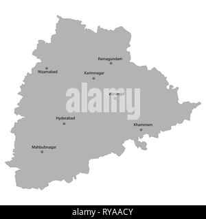 High Quality map of Telangana is a state of India. With main cities location Stock Vector