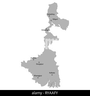 High Quality map of West Bengal is a state of India. With main cities location Stock Vector