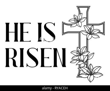 He is risen. Happy Easter greeting card. Cross and lilies. Stock Vector