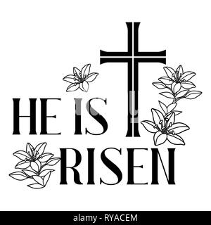He is risen. Happy Easter greeting card. Cross and lilies. Stock Vector