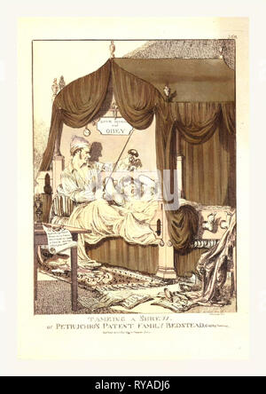 Tameing [I.E. Taming] a Shrew. or Petruchio's Patent Family Bedstead, Gags & Thumscrews, Tameing a Shrewtaming a Shrew, London 1815,  Woman Restrained in a Bed Fashioned Like a Pillory.  Her Husband Sits Up in Bed Beside Her, Holding a Whip and Gag Stock Photo