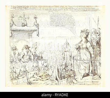 The Heroic Charlotte La Corday, Upon Her Trial, at the Bar of the Revolutionary Tribunal of Paris, July 17, 1793, Gillray, James, 1756-1815, Artist, Engraving, Charlotte Corday Standing Before the Judges of the Revolutionary Tribunal with the Body of Marat which Lying Between Them. She Responds to the Tribunal, Wretches, I Did Not Expect to Appear Before You - I Always Thought that I Should Be Delivered Up to the Rage of the People, Torn in Pieces, & that My Head, Stuck on the Top of a Pike, Would Have Preceded Marat on His State Bed, to Serve As a Rallying Point to Frenchmen Stock Photo