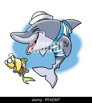 Cartoon marine dolphin and his cute little fish friend Stock Vector