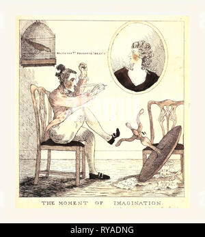 The Moment of Imagination, Engraving 1785, Edward Topham, a Pen in His Hand, Has Just Kicked Over His Circular Writing Table in Frenzied Inspiration. He Raises His Clenched Fist. An Inkstand and Fragments of Paper Inscribed Epilogue Mrs. W... [Wells] Hay-Market, Epilogue Mrs. S...S [Siddons] Drury-Lane, and Prologue for Miss F... [Farren] Covent Garden Lie on the Floor. On the Wall Hangs an Oval Bust Portrait of Mrs. Siddons. Over Topham's Head is a Small Parrot in a Cage, Saying, Bravo Cptn. Prologue! Bravo Stock Photo