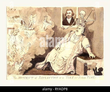The Moment of Reflection or a Tale for Future Times, Cruikshank, Isaac, 1764 1811, Engraving 1796, Catherine II Horrified at the Visions that Beset Her at the Moment of Death, a Cloud Entering at Left Depicts the Many Victims of Her Wrath, a Skeleton, Death, Stands behind Her Ready to Plunge His Spear and Send Her Cloven-Hoofed Spirit Into the Hands of Two Grinning Demons Waiting in the Flames of Hell, a Frightened Charles Fox Witnesses the Visions from a Portrait on the Wall behind Her Stock Photo