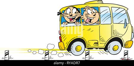 The illustration shows a boy and a girl, who are traveling in a bus. Illustration done in cartoon style, isolated on white background on separate laye Stock Vector