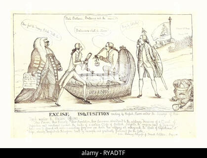 Excise Inquisition Erecting by English Slaves Under the Scourge of Their Task-Masters the Excise Officers, Dent, William, Active 1783-1793, Artist, England, En Sanguine Engraving 1790, a British Satire on an Attempt by William Pitt and George Rose to Transfer to Excise Law Certain Import Duties, Standing in Opposition is Edward Thurlow. The Central Image Shows Britannia, Wrapped in a Blanket Labeled Extension of Excise, Being Rocked to Sleep in a Cradle by Pitt and Rose. Another Man, Possibly William Mainwaring, is Holding Britannia's Spear and Shield which is Labeled Maner and Saying by Stock Photo
