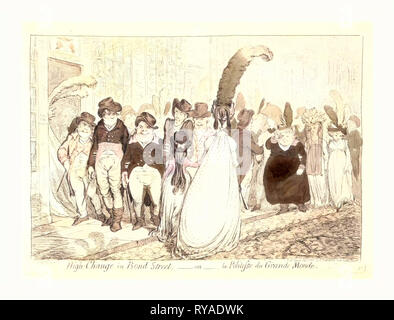 High Change in Bond Street,  Ou La Politesse Du Grande Monde, Gillray, James, 1756 1815, Engraver, London, Engraving 1796, Fashionably Dressed Pedestrians on Bond Street. In the Foreground, Five Men Crowd a Woman and Girl Off the Sidewalk As They Leer at Them. The Women, Seen from the Back, Are Oddly Dressed. In the Background, Three Ladies, Also in Exaggerated Costumes, Walking Arm in Arm in the Roadway