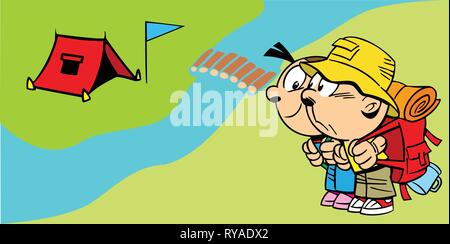 The illustration shows a couple of young tourists near the camp. Illustration done in cartoon style, on separate layers. Stock Vector