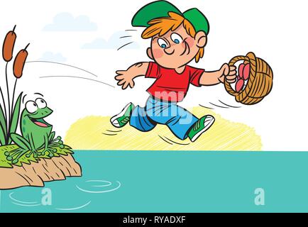 The illustration shows a funny boy with a basket of mushrooms in hands. He runs near the pond. Illustration done in cartoon style. Stock Vector