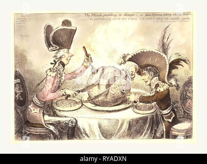 The Plumb Pudding in Danger, or, State Epicures Taking Un Petit Souper, William Pitt, Wearing a Regimental Uniform and Hat, Sitting at a Table with Napoleon. They Are Each Carving a Large Plum Pudding on which is a Map of the World. Pitt's Slice is Considerably Larger Than Napoleon's Stock Photo