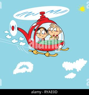 The illustration shows two children playing. Boy and girl flying in a helicopter on a background of blue sky with clouds. Illustration on separate lay Stock Vector