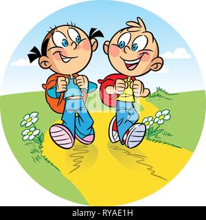 The illustration shows a boy and a girl tourists. They go on the hike. Behind them backpacks. Illustration done in cartoon style. Stock Vector