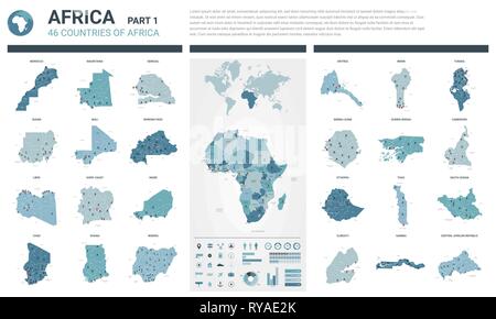 Vector maps set.  High detailed 46 maps of African countries with administrative division and cities. Political map, map of Africa continent, world ma Stock Vector