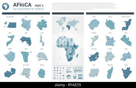 Vector maps set.  High detailed 46 maps of African countries with administrative division and cities. Political map, map of Africa continent, world ma Stock Vector