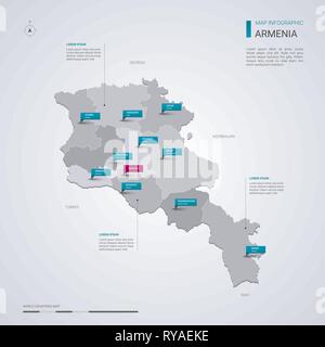 Armenia vector map with infographic elements, pointer marks. Editable template with regions, cities and capital Yerevan. Stock Vector