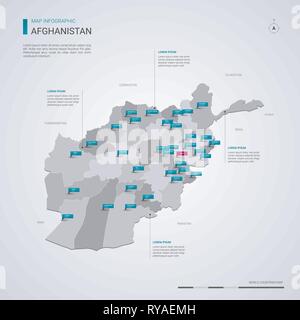 Afghanistan vector map with infographic elements, pointer marks. Editable template with regions, cities and capital Kabul. Stock Vector