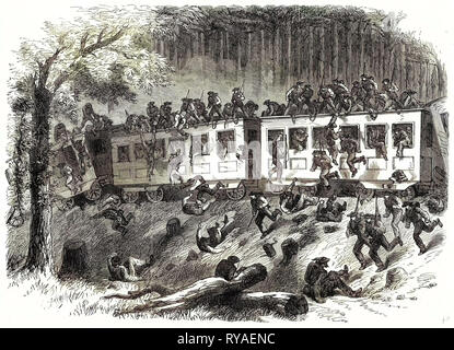 The Civil War in America: Train with Reinforcements for General Johnston Running Off the Track in the Forests of Mississippi 8 August 1863 Stock Photo