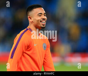 Etihad Stadium, Manchester, UK. 12th Mar, 2019. UEFA Champions League football, round of 16, 2nd leg, Manchester City versus FC Schalke; Gabriel Jesus of Manchester City smiles during the warm up Credit: Action Plus Sports/Alamy Live News Stock Photo