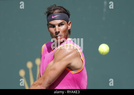 Indian Wells, California, USA. 12th Mar, 2019. Rafael Nadal of Spain, returns the ball to Diego Schwartzman of Argentina, during the men singles third round match of the BNP Paribas Open tennis tournament on Tuesday, March 12, 2019 in Indian Wells, California. Nadal won 2-0. Credit: Ringo Chiu/ZUMA Wire/Alamy Live News Stock Photo