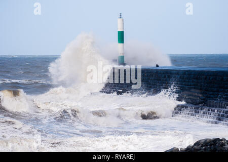 Aberystwyth, UK. 13th Mar, 2019. UK Weather: Gale force winds from Storm Gareth - the third named storm of 2019 - hit Aberystwyth on the Cardigan Bay coast, West Wales UK on Wednesday afternoon. Gusts of up to 70 or 80mph are forecast in exposed Northern regions, with the risk of serious damage to property and severe disruption to travel and power services Photo Credit: keith morris/Alamy Live News Stock Photo