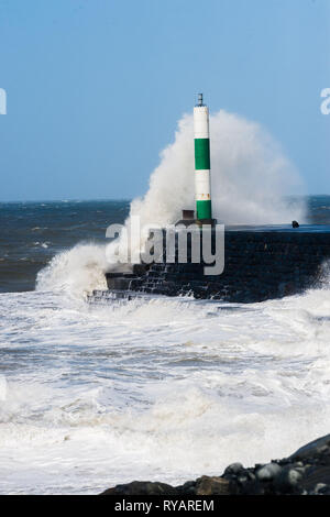 Aberystwyth, UK. 13th Mar, 2019. UK Weather: Gale force winds from Storm Gareth - the third named storm of 2019 - hit Aberystwyth on the Cardigan Bay coast, West Wales UK on Wednesday afternoon. Gusts of up to 70 or 80mph are forecast in exposed Northern regions, with the risk of serious damage to property and severe disruption to travel and power services Photo Credit: keith morris/Alamy Live News Stock Photo