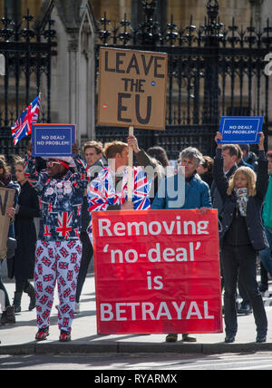 Parliament Square, London, UK. 13 March, 2019. Pro Brexit demonstrators outside the entrance to Parliament on the day the Chancellor of the Exchequer delivers his Spring Statement and MPs later vote on whether or not to leave the EU without an agreement. Credit: Malcolm Park/Alamy Live News. Stock Photo