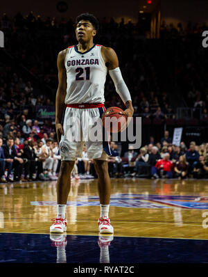 Mar 12 2019 Las Vegas, NV, U.S.A. Gonzaga forward Rui Hachimura (21) at the free throw line during the NCAA West Coast Conference Men's Basketball Tournament championship between the Gonzaga Bulldogs and the Saint Mary's Gaels 47-60 lost at Orleans Arena Las Vegas, NV. Thurman James/CSM Stock Photo