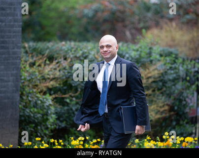 London, UK. 13th Mar, 2019. Sajid Javid, Secretary of State for the Home Department, arrives in Downing Street for the extra Brexit Cabinet meeting Credit: Tommy London/Alamy Live News Stock Photo