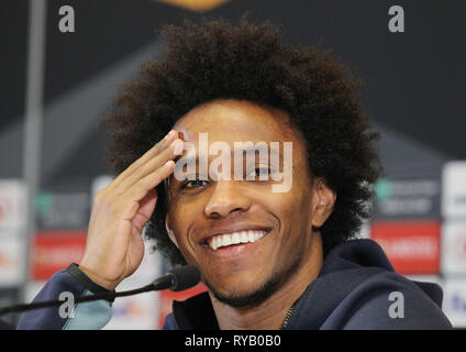 Kiev, Ukraine. 13th Mar, 2019. Chelsea player WILLIAN speaks during a media conference in Kiev, Ukraine, on 13 March 2019. Chelsea will face Dynamo Kyiv in the UEFA Europa League, second leg soccer match in Kiev on 14 March 2019. Credit: Serg Glovny/ZUMA Wire/Alamy Live News Stock Photo