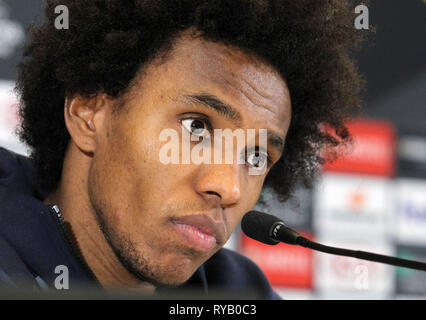 Kiev, Ukraine. 13th Mar, 2019. Chelsea player WILLIAN speaks during a media conference in Kiev, Ukraine, on 13 March 2019. Chelsea will face Dynamo Kyiv in the UEFA Europa League, second leg soccer match in Kiev on 14 March 2019. Credit: Serg Glovny/ZUMA Wire/Alamy Live News Stock Photo