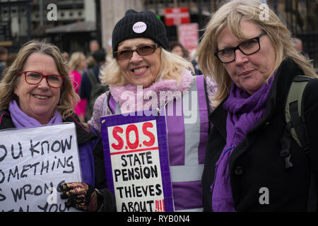 London, UK. 13th Mar, 2019. Wednesday 13th march 1pm old palace yard Westminster  london UK . ,Members of the Waspi campaign reminded the budget chancellors of the missing pensions and shortfall on national insurance since 2014 , when dwp minister Ian Duncan smith made drastic decisions and changes, since then he been unrepentant even refusing to meet the groups over the concerns, even  being quoted as saying ignore them they go away sooner or later.)  ?  for a public appointed minister this was a arrogant and flippant remark that denies the consequences of his act. Credit: Philip Robins/Alamy Stock Photo