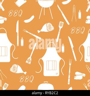 Seamless pattern with grill and barbecue tools. BBQ party background. Design for party card, banner, poster or print. Stock Vector