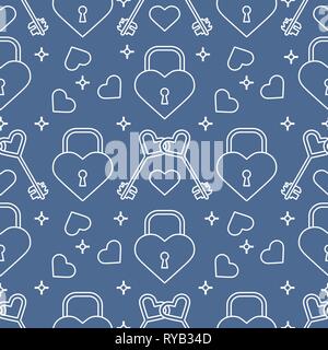 Seamless pattern with hearts, lock, keys in heart shape. Greeting card happy Valentine's Day. Romantic background. Design for banner, poster or print. Stock Vector